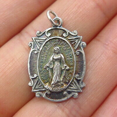 925 Sterling Silver Antique St. Mary Miraculous Medal Religious Charm Pendant