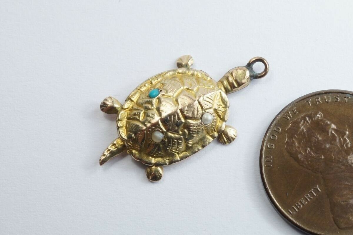 Cute Little Antique English 9k Gold Turtle / Tortoise Charm C1900