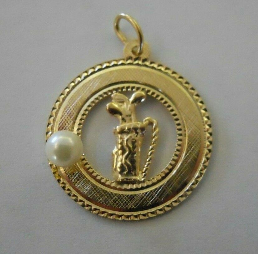 Vintage 14k Yellow Gold Golf Bag With Cultured Pearl Bracelet Charm 2.8 G #19065