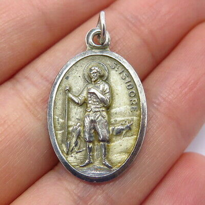 925 Sterling Silver Antique Chris St. Isidore Religious Charm Pendant